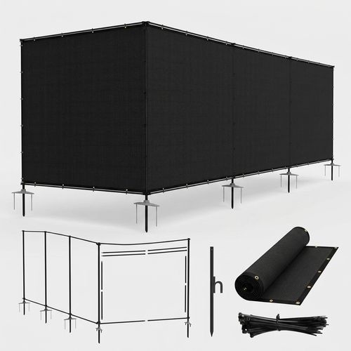 Bynbbur freestanding privacy screen with iron poles and stakes on a curved yard edge