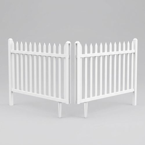 Bynbbur 36-inch white PVC picket fence panels along a garden bed