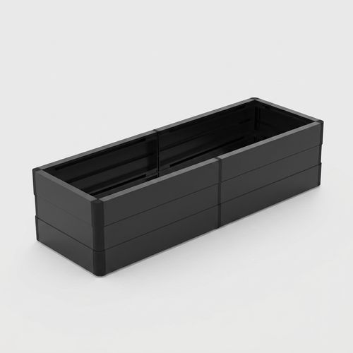 Bynbbur 72-inch aluminum trough base for artificial boxwood hedge panels at a patio edge